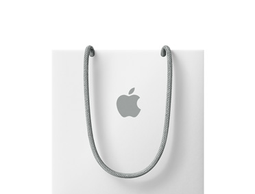 白色 Apple 购物袋，具有灰色手提绳，中央位置印有灰色 Apple 标志。