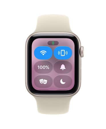 Apple Watch SE 3，星光色铝金属表壳，展示屏幕显示控制中心、呼叫 iPhone 图标、右侧外观、数码表冠，搭配淡石莲绿色 (浅黄绿色系) 运动型表带。