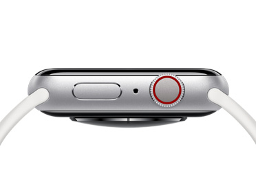 银色 Apple Watch，展示右侧外观、侧边按钮、麦克风和数码表冠。