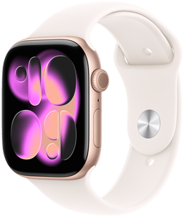 Apple Watch Series 11，展示玫瑰金色铝金属表壳、Responsive Art 表盘、右侧外观、数码表冠、麦克风、侧边按钮，搭配带有银色按扣加收拢式表扣的淡桃粉色运动型表带。