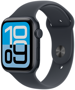 Apple Watch SE 3，展示午夜色铝金属表壳、流转表盘、右侧外观、数码表冠、麦克风、侧边按钮，搭配装有午夜色按扣加收拢式表扣的午夜色运动型表带。