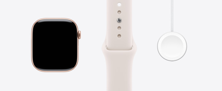 Apple Watch Series 11，展示玫瑰金色铝金属表壳、正面外观、全面屏设计、淡桃粉色运动型表带、Apple Watch 磁力充电器转 USB-C 连接线。