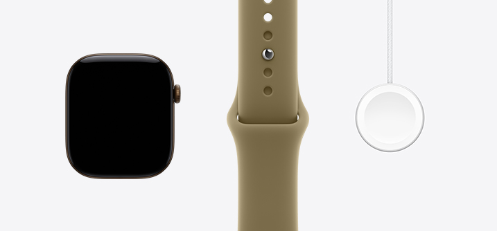 Apple Watch Series 12，展示深古铜色铝金属表壳、正面外观、全面屏设计、橄榄色运动型表带、Apple Watch 磁力充电器转 USB-C 连接线。