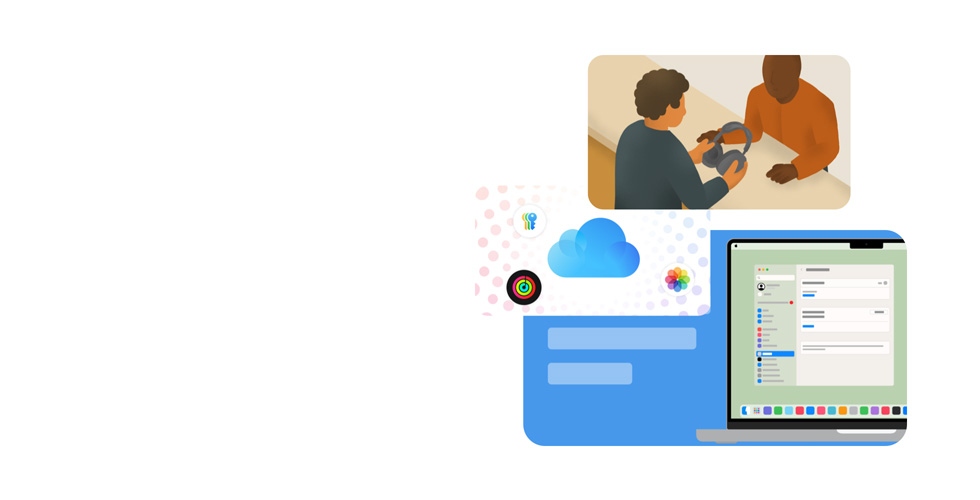 一位 Apple 专家手拿顾客耳机的风格化插画。下方有一幅 MacBook 屏幕的绘画，展示“系统设置”界面，周围有代表密码、iCloud、Apple 健身和照片的插画风格图标。