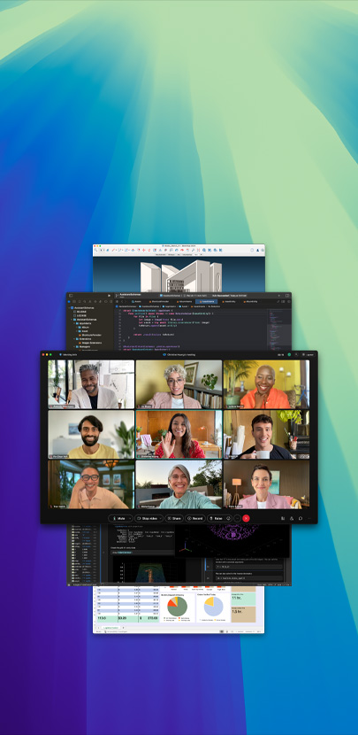 各种打开的 app 相互叠加，在最前面的 app 是 Webex，有多个参与者正在进行通话。