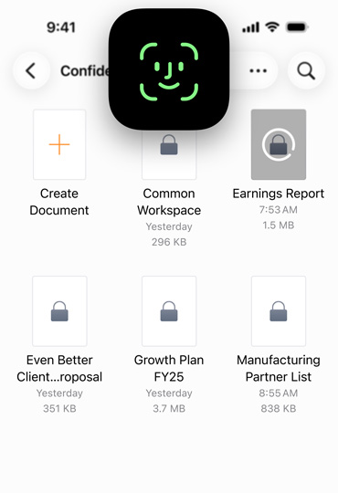 iPhone 屏幕显示 Pages 文稿，文稿前方有面容 ID 图标，展示如何安全解锁设备。