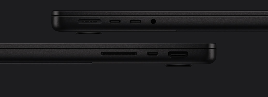 MacBook Pro 接口：左侧为 MagSafe 端口、两个雷雳端口、耳机插孔；右侧为 SDXC 卡插槽、雷雳端口、HDMI 端口