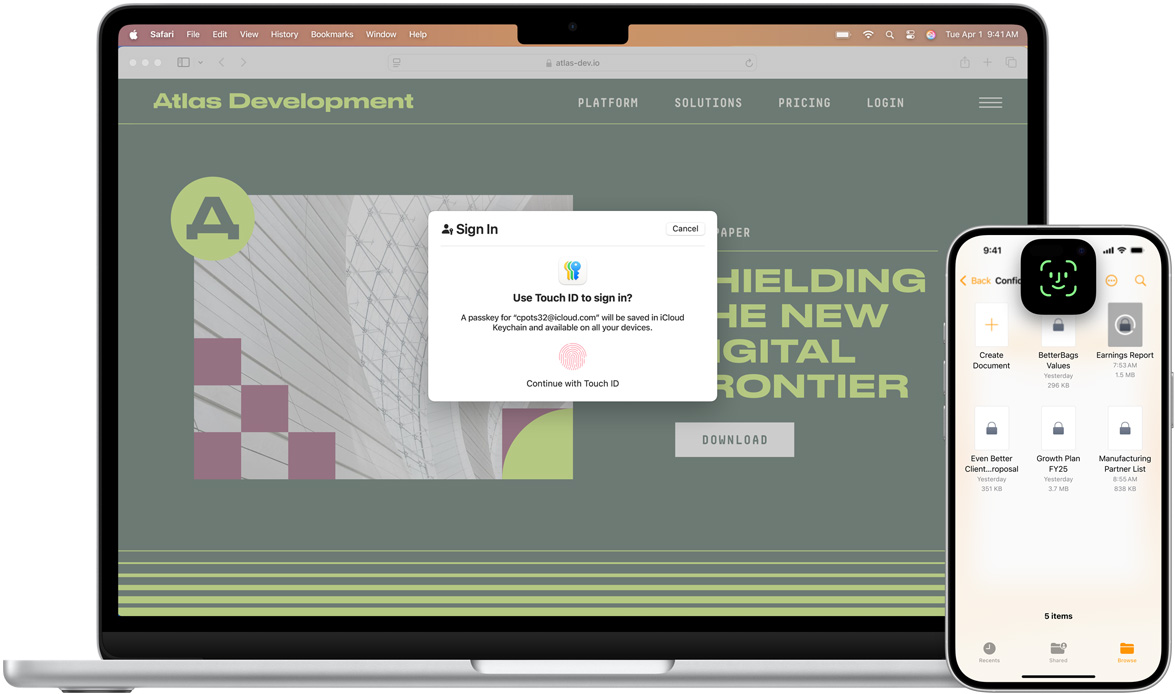 MacBook 的正面视图，展示触控 ID 窗口。在 MacBook 的前方有一部 iPhone，展示面容 ID 界面。