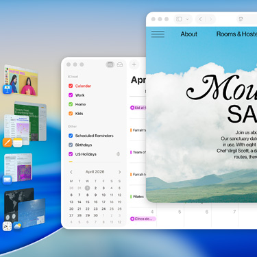 macOS Tahoe 屏幕上显示多个窗口和 app，有 Keynote 讲演、Pages 文稿、邮件，以及一个网站页面，内容与一个宁静修养胜地相关。设计直观，非常易于使用。