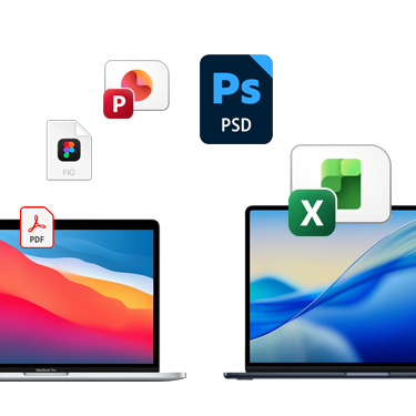 两台 MacBook 并排摆放的正面视图，分别展示不同颜色的桌面背景。在 MacBook 上方有多个文件图标呈拱形排列。其中包括 Acrobat 文件、Figma 文件、PowerPoint 文件、Photoshop 文件和 Excel 文件。