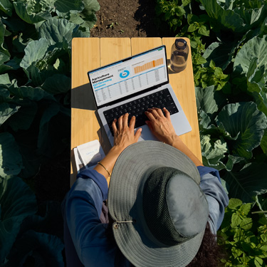 俯瞰图展示一位戴宽檐帽的女子坐在花园的桌子旁，正在使用 MacBook 制作商务演示文稿。
