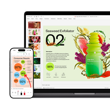 一台 Mac 和一部 iPhone 的正面视图，分别显示同一个鲜艳多彩的演示文稿中的不同部分，内容与一款护肤产品相关。