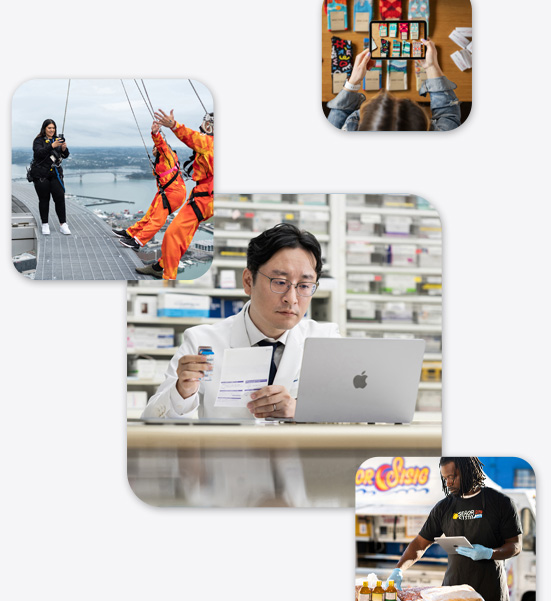 不同的小型企业，包括身着白大褂的药剂师在使用 MacBook，蹦极教练用 iPhone 为两个即将蹦极的人拍照，一名男子边拿着 iPad 边处理食物，一名女子用 iPad 为桌子上展示的袜子拍照。