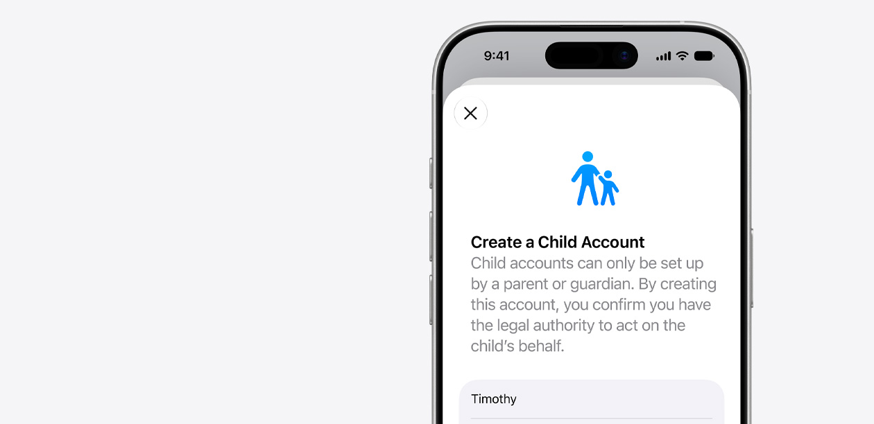 iPhone 显示儿童账户设置界面，儿童姓名栏上方有成年人与儿童的图标。