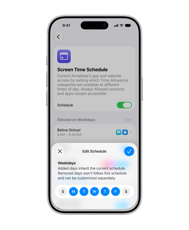 iPhone 显示时间安排界面，提示用户编辑儿童账户的每日时间额度。