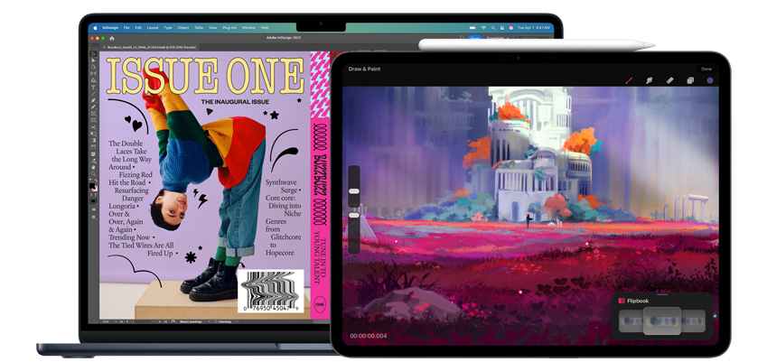 在 MacBook 和 iPad 上显示与设计相关的 app，一支 Apple Pencil Pro 放在 iPad 旁。