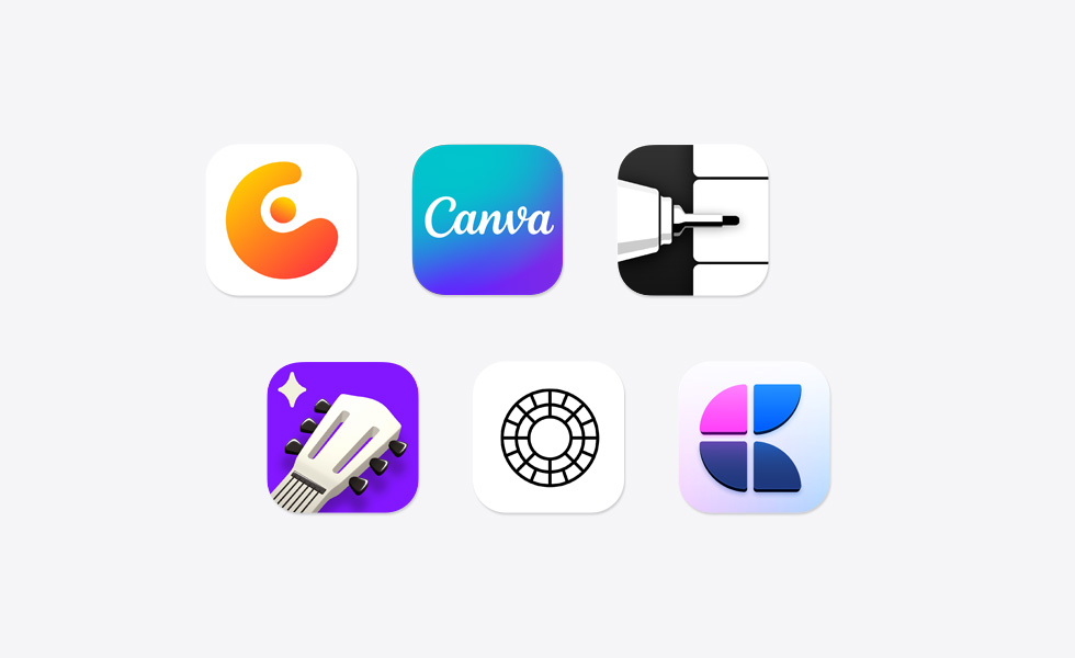 众多 app 图标分散排布，包括 Concepts、Canva、Flow Note Taking、Simply Guitar、VSCO、Craft