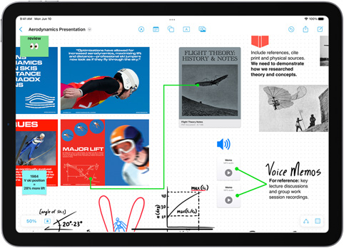 iPad 屏幕显示用来创建空气动力学演示文稿的无边记看板。