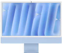 蓝色 iMac 的正面视图，摄像头位于机身上部居中，屏幕显示蓝色抽象设计壁纸
