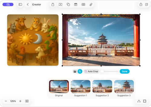 屏幕显示无边记 app，展示 Apple Creator Studio 的两项功能：图像生成和自动裁剪。