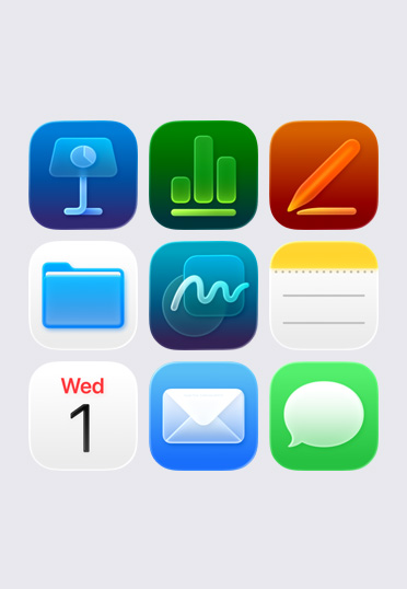 各种 Apple app 图标以 3x3 网格形式排列，包括 Keynote 讲演、Numbers 表格、Pages 文稿、文件、备忘录和日历
