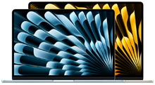 两台呈打开状态的 MacBook Air 笔记本电脑，尺寸较小的机型位于较大机型的前方，屏幕分别显示绚丽的蓝色和黄色抽象设计