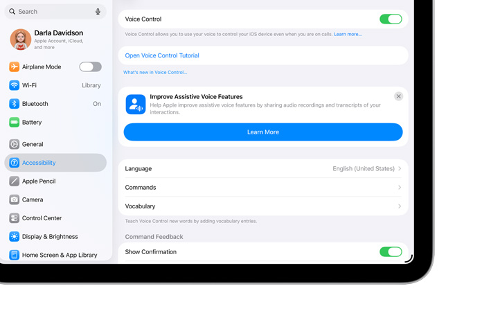 iPad 上的“语音控制”设置，展示 iPad 如何支持用户使用内置的辅助功能操控设备。