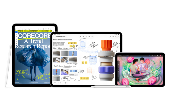 iPad 系列设备，包括 iPad Pro、iPad Air 和 iPad；Apple Pencil Pro 斜靠在 iPad Pro 上，Apple Pencil 平放在其他设备前面。