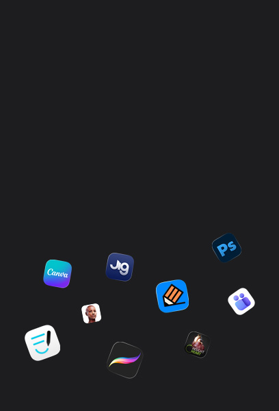 四散分布的 app 合作伙伴图标，包括 Goodnotes、Canva、Complete Anatomy、Procreate、JigSpace、Notability、INSIGHT HEART、Adobe Photoshop、Microsoft Teams。