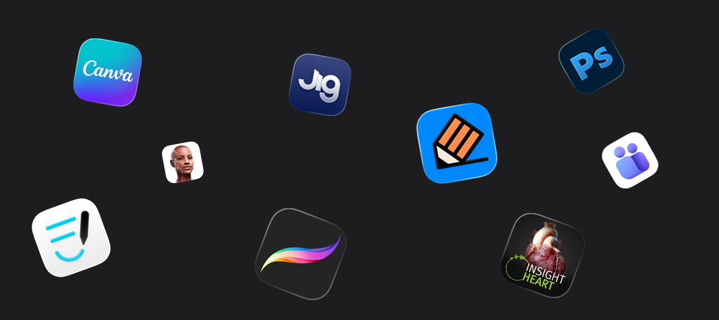四散分布的 app 合作伙伴图标，包括 Goodnotes、Canva、Complete Anatomy、Procreate、JigSpace、Notability、INSIGHT HEART、Adobe Photoshop、Microsoft Teams。