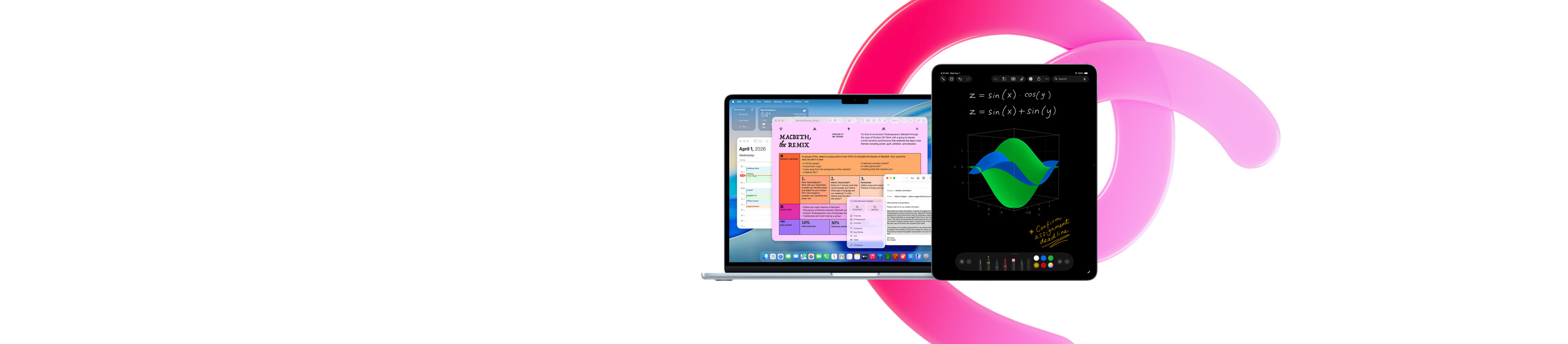 MacBook Air 显示 Pages 文稿、日历、提醒事项和邮件 app，旁边的 iPad 显示“数学笔记”中的手写方程式，展示内置 app 带来的生产力。