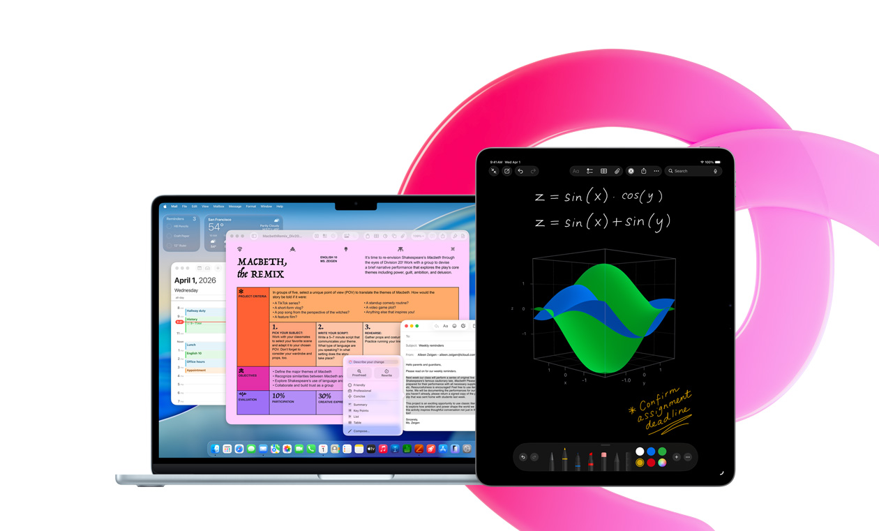 MacBook Air 显示 Pages 文稿、日历、提醒事项和邮件 app，旁边的 iPad 显示“数学笔记”中的手写方程式，展示内置 app 带来的生产力。