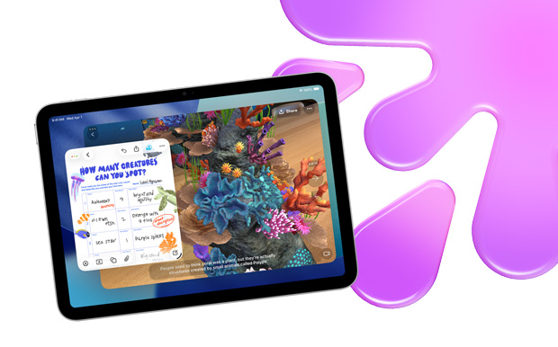 iPad 在“无边记”和 JigSpace app 中显示水族馆图形寻宝游戏，突显创意功能。