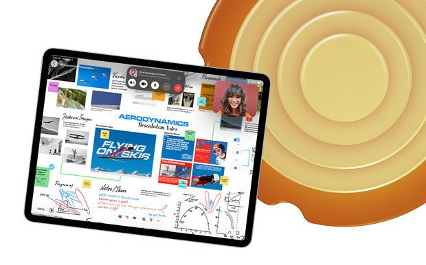 iPad 正面视图，展示无边记 app 中的各种主题和速绘，包括“Aerodynamics”和“Flying on Skis”。
