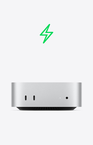 绿色闪电图标；Mac mini 正面外观，展示两个 USB-C 端口和状态指示灯。