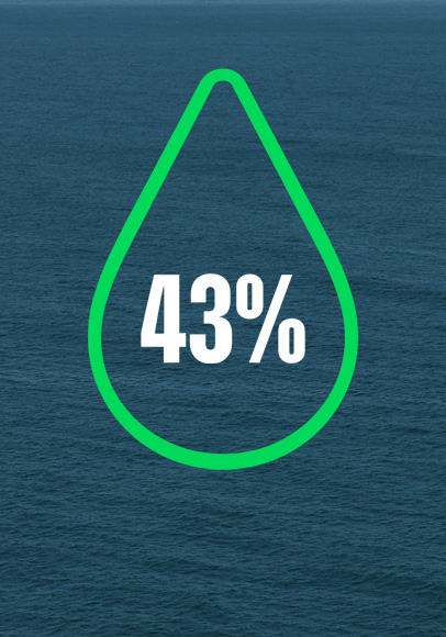 水滴图标插图，绿色轮廓，内部显示“43%”这一统计数据，背景为海面。