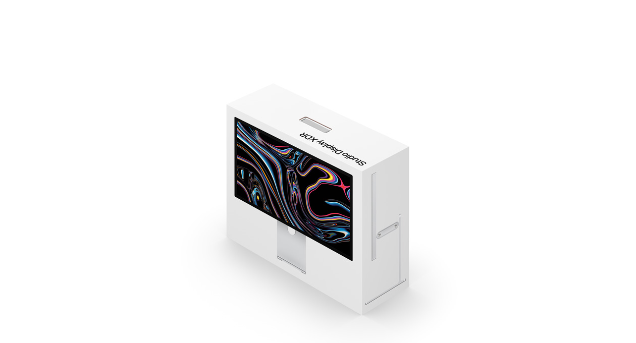Studio Display XDR 的白色包装盒，盒子外部印有产品图像。