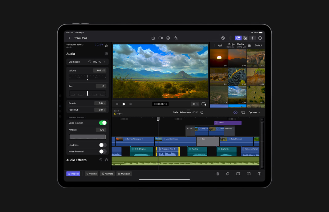 在 iPad Pro 上使用 iPad 版 Final Cut Pro 调整音频，以消除背景噪声。