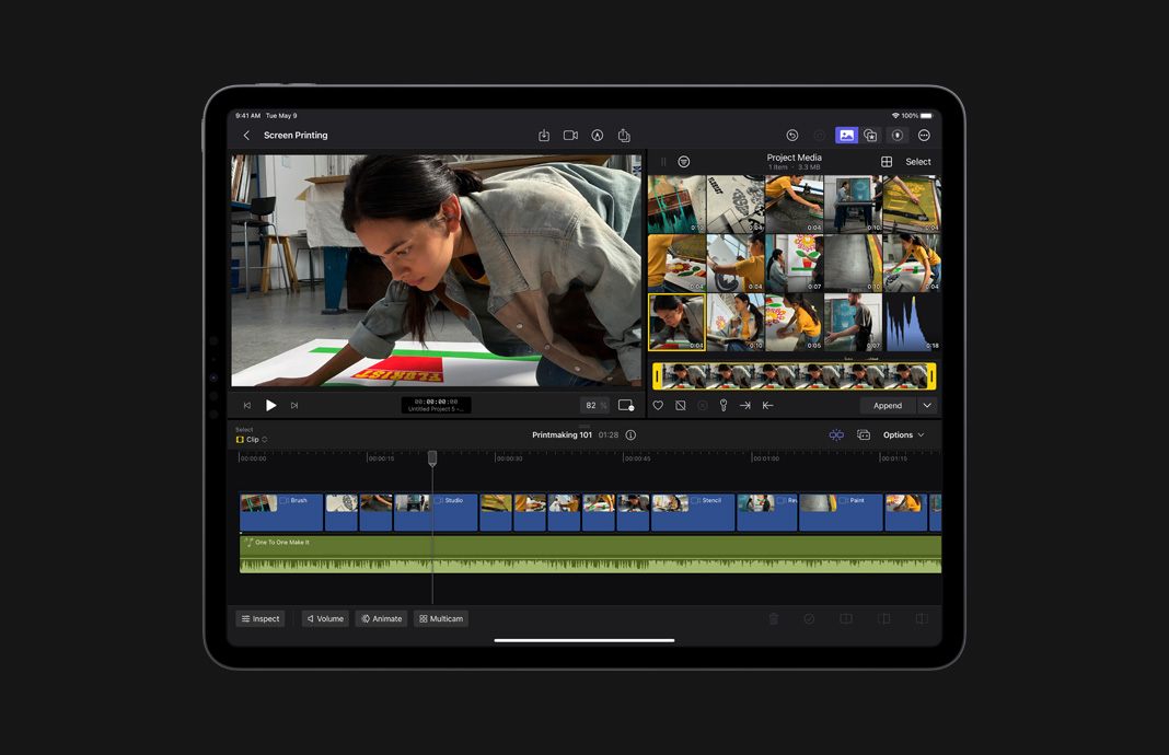 女艺术家的视频直接存储至 iPad Pro 上的 iPad 版 Final Cut Pro 的浏览器中。