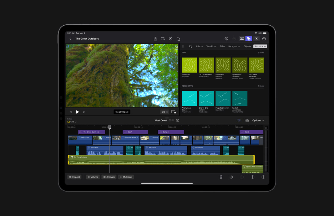 iPad Pro 上的 iPad 版 Final Cut Pro 中音频时间线的特写。