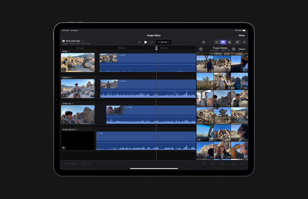 在 iPad Pro 上使用 iPad 版 Final Cut Pro 的角度编辑器，剪辑打开的多机位视频和音频片段。
