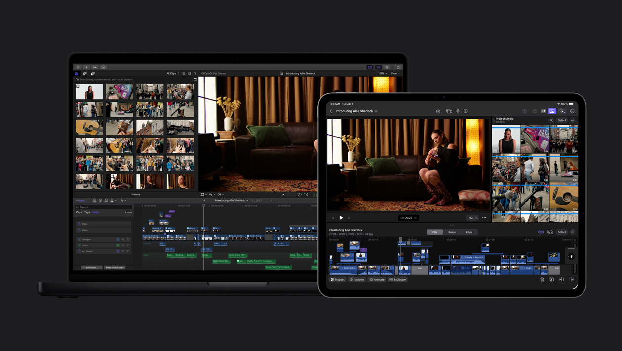 13 英寸 iPad Pro 和 14 英寸 MacBook Pro 屏幕展示女子坐在沙发上弹奏吉他的视频片段，其中 iPad Pro 屏幕底部显示视频片段，MacBook Pro 屏幕底部显示视频时间线。