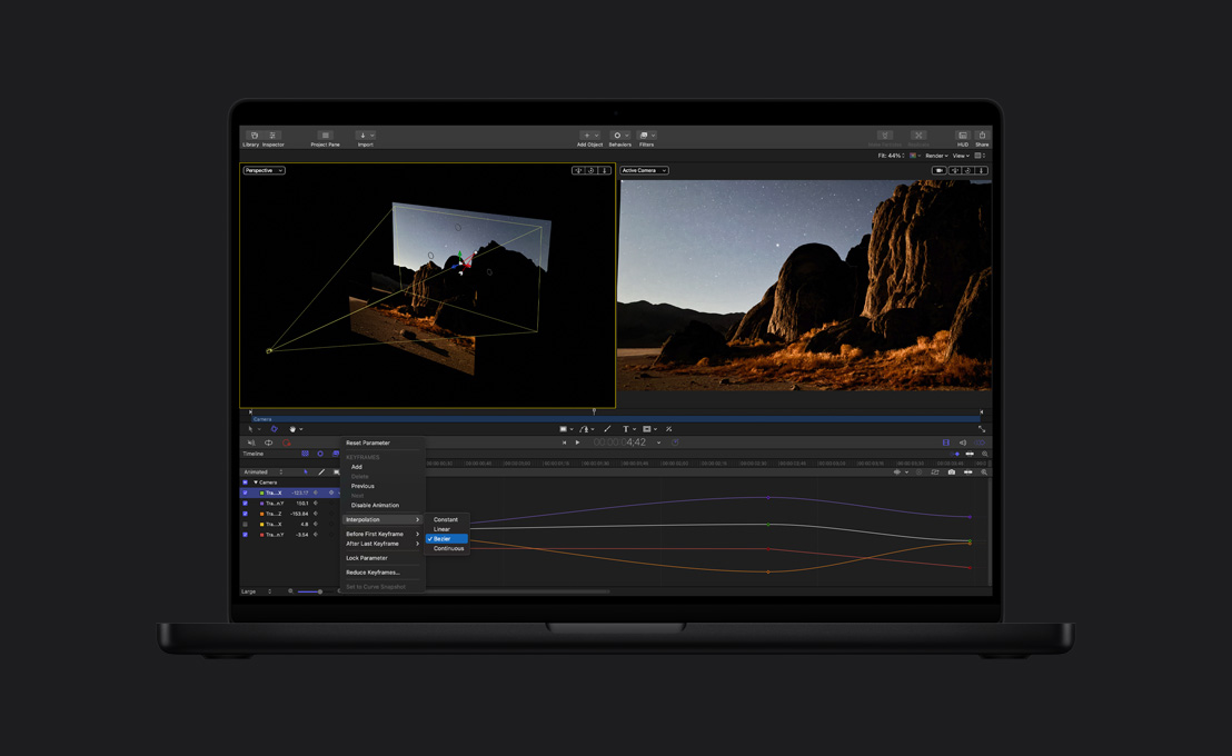 16 英寸 MacBook Pro 屏幕显示群山的画面以及关键帧编辑操作。