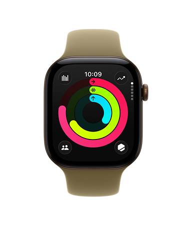 Apple Watch Series 12,展示深古铜色铝金属表壳、健身圆环界面的活动、锻炼和站立指标,搭配橄榄色 (大地绿色系) 运动型表带。