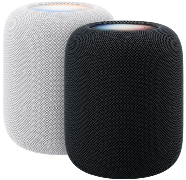 白色和午夜色两部 HomePod 设备，展示发光的顶部面板。