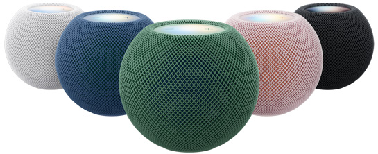 HomePod mini 2，展示网面织物和顶部触控面板；有白色、蓝色、绿色、粉色和午夜色外观可选。