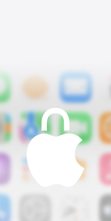 Apple 隐私标志形态的白色锁头图标，背景为虚化的主屏幕视图。