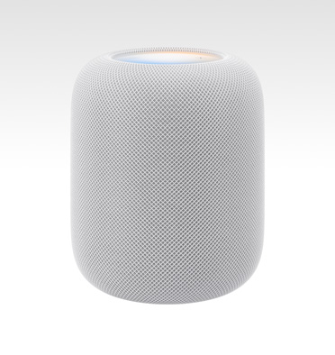 白色 HomePod (第二代)，顶部面板亮起。