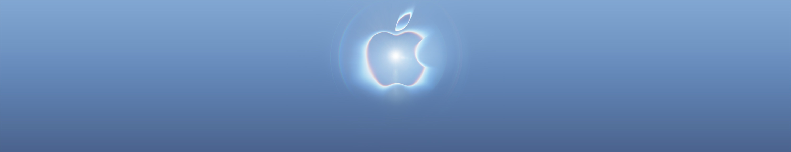 渐变背景上，Apple 标志散发着蓝色与粉红色调的霓虹光，标志中央闪耀亮白色光芒。