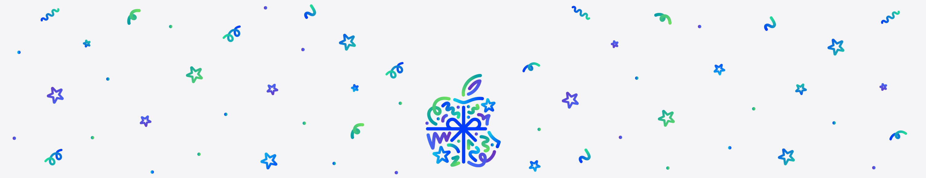 深浅不一的蓝色、绿色和紫色圆点、曲线、螺旋和星星图形组成 Apple 标志，标志上打着一个蓝色蝴蝶结，标志后方则有深浅不一的蓝色、绿色和紫色圆点、曲线、螺旋和星星图形四散开来。